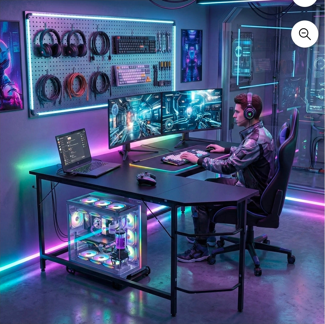 EDX 49-Inch L-Shaped Computer Desk – Modern Gaming and Home Office Corner Table with CPU Stand and Side Storage Bag (Black)