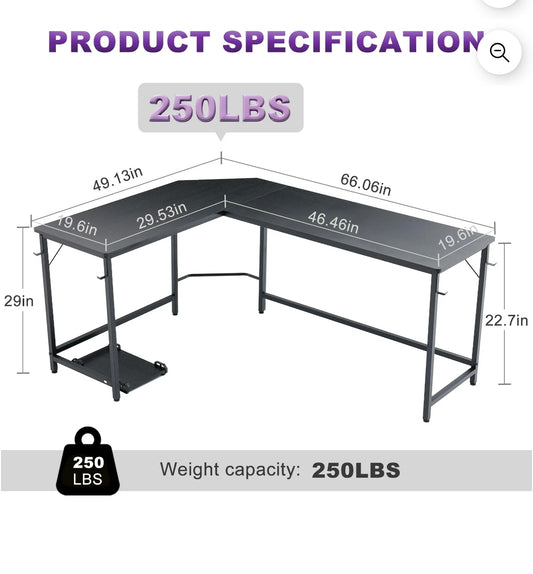 EDX 49-Inch L-Shaped Computer Desk – Modern Gaming and Home Office Corner Table with CPU Stand and Side Storage Bag (Black)