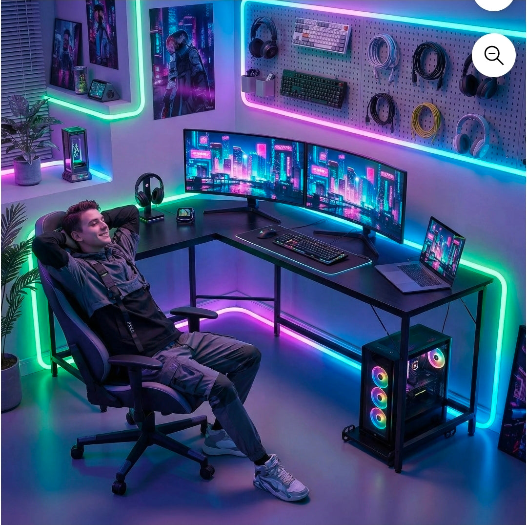 EDX 49-Inch L-Shaped Computer Desk – Modern Gaming and Home Office Corner Table with CPU Stand and Side Storage Bag (Black)